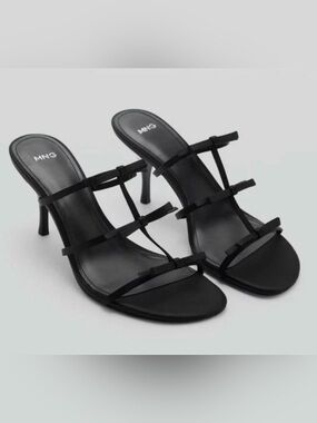 MANGO MNG BLACK SATIN BOW STRAPPY HEELED SANDALS SLIP ON HEELS SHOES 39 US 8.5
